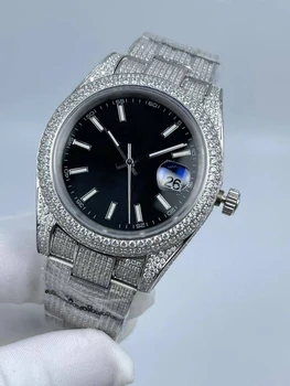 41mm Пълен диамантен мъжки часовник: прецизен стоманен циферблат, мех. движение, календар