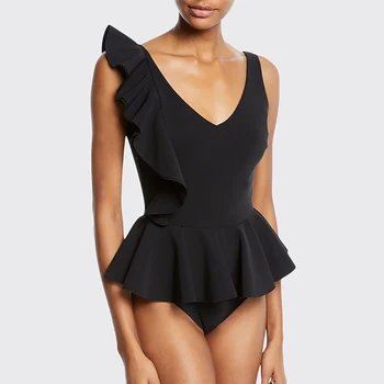 Solid Black Ruffled Bikini Set Deep V Бански костюм от едно парче Силует Без гръб Surf Wear Бански костюми 2022 Tankini Summer Beachwear