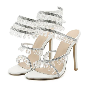 Луксозни летни кристални висулки сандали Rhinestone глезена каишка високи токчета 11.5cm дамски обувки парти сватба булчински обувки 6A