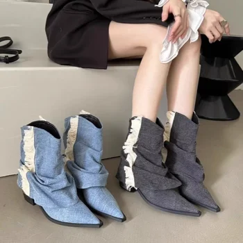 Жена Каубойски ботуши Челси Тренд 2023 Къси ботуши Елегантен дизайнер Буци токчета Западни нови рок обувки Casual