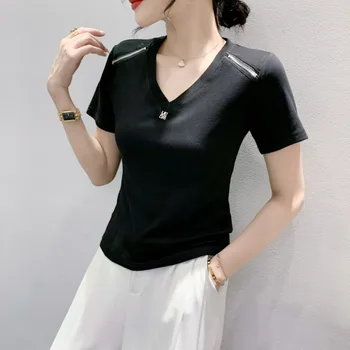 #6874 Черно бяло къс ръкав T риза жени v-образно деколте памук тънък къса тениска Femme лято офис тениска цип лято 