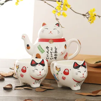 Сладък японски късметлия котка порцелан чай комплект творчески Maneki Neko керамични чай чаша с цедка прекрасен Plutus котка чайник чаша