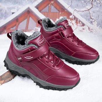 Жените поддържат топло Външни туристически обувки Кожа вътре Женски снежни ботуши Планинско катерене Къмпинг обувки с памук