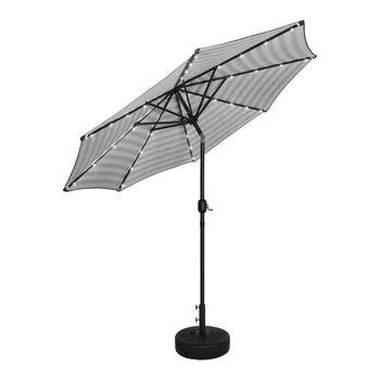 9 фута слънчева LED пазар вътрешен двор чадър с черен кръг свободно стоящи база включени, сиво/бяло ивица