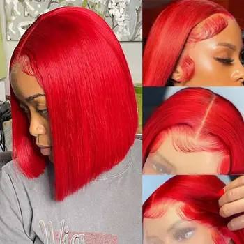 Червен къс Боб дантела фронт човешка коса перуки за жени бразилски прозрачен 13x4 дантела фронтални перуки прав цвят 4x4 дантела боб перука