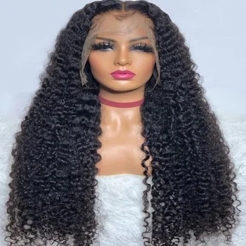 Soft Natural Black 26Inch Long Kinky Curly Glueless 180% плътност Deep Lace Front перука за жени Babyhair Preplucked Daily Cosplay