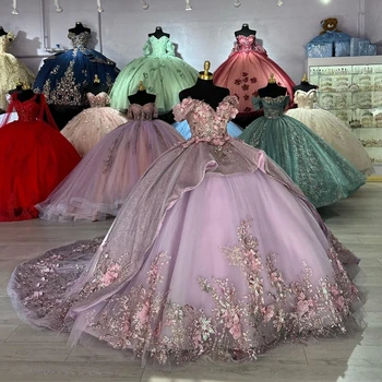 Lorencia Lavender Princess Off Shoulder Quinceanera Dress Ball рокля 3D флорални мъниста Sweet 16 Vestidos de Años YQD501