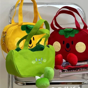 Японски сладък карикатура щастлив домат пратеник чанта платно студент голяма пазарска чанта рамо чанти жена чанта· Crossbody чанта чанта