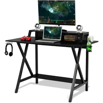Tangkula Gaming Computer Desk with Monitor Shelf, Gaming Table Workstation with Cup Holder Headphone Holder & Built-in Power