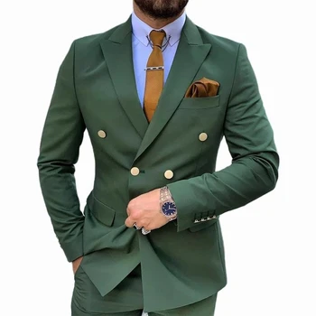 2023 Зелени двуредни мъжки костюми Slim Fit Официални костюми за сватбено тържество Groomsmen Blazer Pants 2 броя Terno Masculino