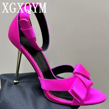  Висок ток платформа сандали марка дизайнер парти обувки тънък петата папийонка възел лилаво сатен дамски рокля обувки летни сандали