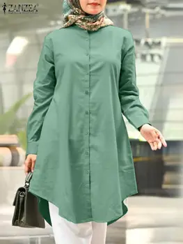ZANZEA Жени Мюсюлманска блуза Причинно-следствена Дълги ризи Мода Дълъг ръкав Рамадан Blusas Извънгабаритни Kaftan Abaya Твърди IsIamic облекло