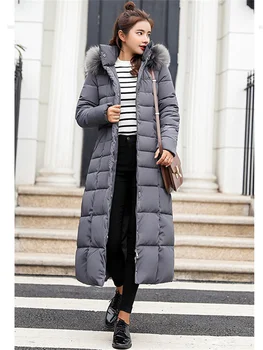 Надолу памучно палто жени дълго 2023 зимата нова мода корейски тънък коляното дължина кожа качулка Parkas тренчкот топлина облекло
