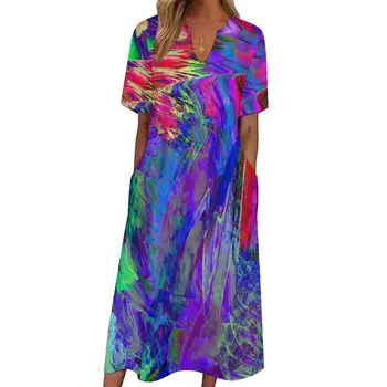 Цветна неонова боя рокля абстрактно графити елегантна макси рокля мода Boho Beach дълги рокли лято V образно деколте дизайн вестидос
