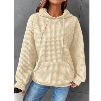 Дамски плътен цвят суитчъри есен зима мода вафла O-образно деколте пуловер качулки женски случайни дълъг ръкав сива врана улично облекло