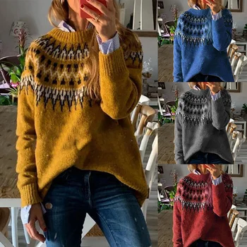 Есенен и зимен пуловер печат плетен пуловер с дълъг ръкав унисекс мода случайни пуловер хлабав пуловер жена пуловери