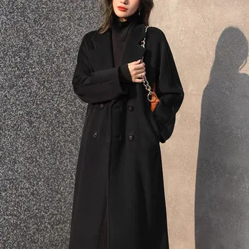 Високо качество двустранен вълнен палто жените корейски двуреден дълго случайни хлабав черна вълна палто за есента зимата