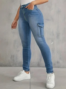 Горещи продажба на нови жени най-продаваните тесни прилепнали работни панталони джобни панталони с двустранни дънкови панталони с цип в подгъва