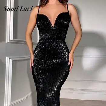 Лятна дамска прашка Коктейлна рокля с дължина на пода 2023 Черна плътна цветна пайети дълга рокля Секси тънък V деколте хип обвивка парти рокля