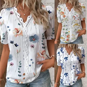 Елегантна блуза отпечатани ризи с къс ръкав 2023 Летен офис LadyV врата дантела панел риза