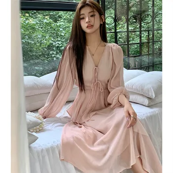Есен сладък розов разрошен дантела нагоре жени мини рокли случайни корейски фенер ръкав талията v-образно деколте елегантна мода сладка женска рокля