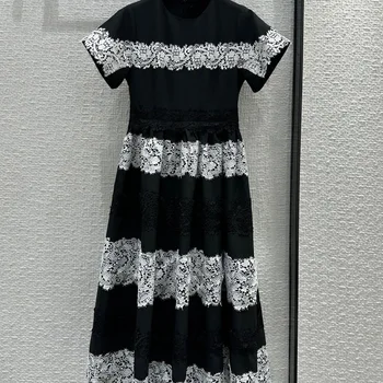 2024 мода нова дантела бродерия къс ръкав дълга рокля френски елегантен пухкава рокля пола пролет лято