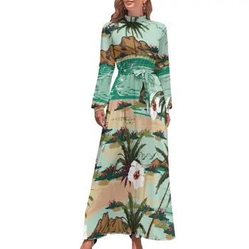 Тропическа палмова рокля Плажен принт парти Макси рокля Улично облекло Бохемия Дълги рокли Висока талия по поръчка Vestido