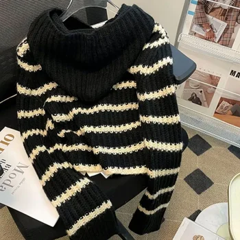 Жилетки с качулка Дрехи Трикотаж Раиран Еднореден пуловер Палто Женски Корейски Мода Дълъг ръкав отгоре