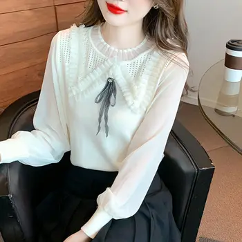 Мода O-образно деколте марля снаждане дантела къдри кухи навън лък блузи женски дрехи 2024 пролет нов хлабав корейски върховете сладки ризи