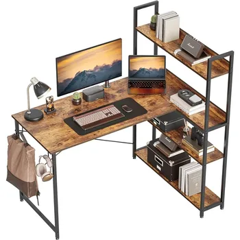  компютърно ъглово бюро с рафтове за съхранение, 47 инчово малко L образно компютърно бюро, бюро за писане на домашен офис с 2 куки