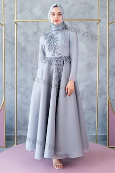  Апликации от шифон Мъниста Мюсюлмански вечерни рокли Дълъг ръкав Ислямски официални партийни рокли Високо деколте Жени Арабски роби De Soirée