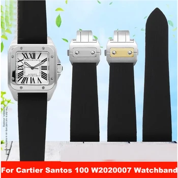 За Cartier Santos 100 W2020007 Водоустойчива гумена каишка за часовник 25mm черен мек силикон Неръждаема стомана часовник катарама Лента за часовник