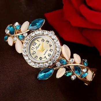 Модни жени гледат луксозен кристал метални дами кварцов ръчен часовник ретро цвете женски гривна часовник часовник Relogio Feminino