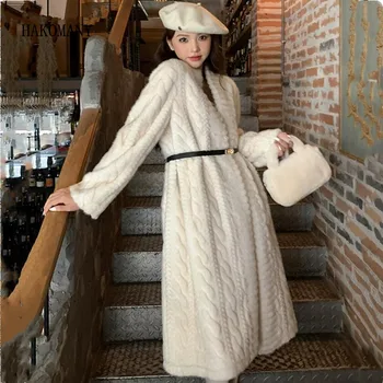 2023 Жените с колан пълен ръкав хлабав топло дълго яке палто зимата бял релеф обрат модел изкуствена норка кожа палто