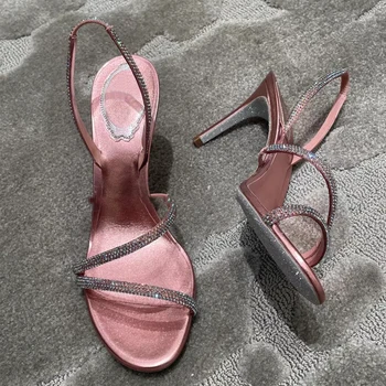 Rhinestone ремъци кухи прашка сандали отворени пръсти лято плитък дизайнер приплъзване жени рокля парти секси ежедневни обувки