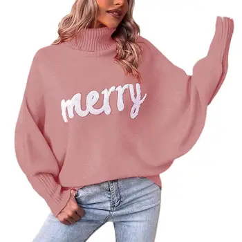 Дамски пуловер пуловер уютен прилеп ръкав дамски пуловер с висока яка мека плетена топлина писмо декор есен зима плътен цвят