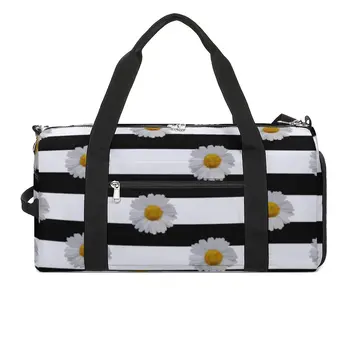 Бели флорални маргаритки спортни чанти черни бели ивици печат плуване фитнес чанта големи цветни чанти двойка преносим фитнес чанта