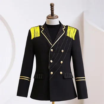 2023 Капитан от флота Моряк Peacoat костюм мъжки блейзър костюм военни ресни маршируване група яке униформа за възрастни палто