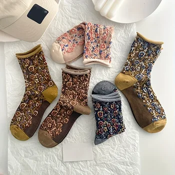 5 чифта ретро флорални бродирани чорапи жени Boho национален моден дизайнер Mid тръба чорапи високо качество къси чорапи