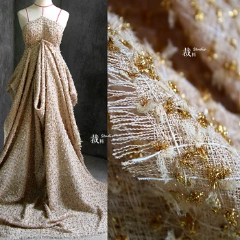 Burlap gold 3D тежка текстура тъкане ретро есен и зима вълнено палто дизайнер оригинални тъкани за пачуърк