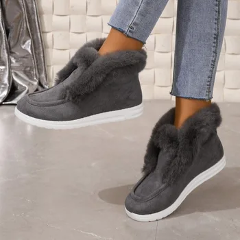 Нов 2023 Дамски боти до глезена Дамски зимни топли плюшени ботуши за сняг Велурени кожени обувки Дамски удобни дамски обувки