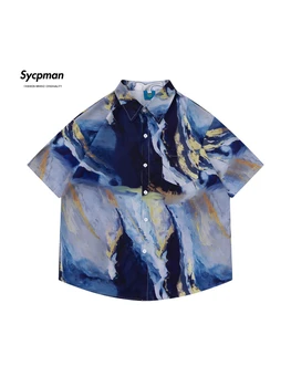 Sycpman хип-хоп маслена живопис печат къс ръкав ризи за мъже мода хавайски риза лято хлабав streetwear