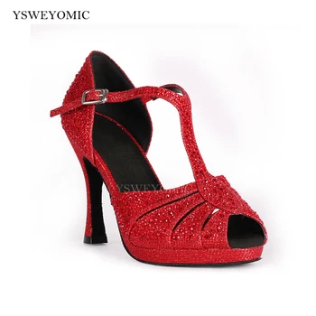 червен блясък Zapatos De Baile кристали платформа Латино сатенени танцови обувки високи токчета 2023 Персонализирани салса бални латино обувки