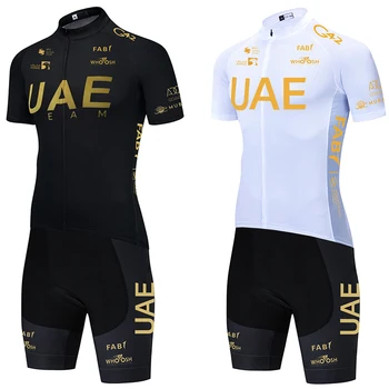 New Gold UAE Колоездачен комплект 2024 Мъжки колоездачен отбор Джърси Шорти за велосипеди 20D панталони Ropa Ciclismo Maillot велосипеди облекло униформа