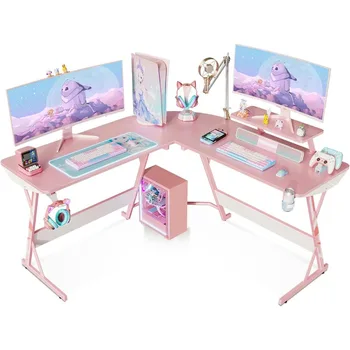 Gamer Desk Gaming Table с текстура от въглеродни влакна, ъглово компютърно бюро L форма с стойка за монитор & Държач за чаши & Кука за слушалки