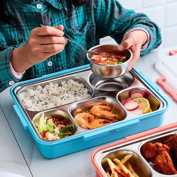 5 отделения Кутия за обяд от неръждаема стомана Непропускливи големи кутии Bento Контейнер за супа Училище Прибори за хранене