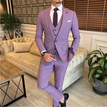 Светло лилав класически мъжки костюм Slim Fit 3 броя (яке + панталони + жилетка) Мъже Сватба смокинг костюм Homme Party Prom Blazer Set