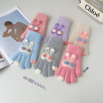 Деца Ръкавици с пет пръста Зимно момче удебелено пълно пръстче ръкавици момиче дете плетена ръкавица зима нова карикатура топли ръкавици